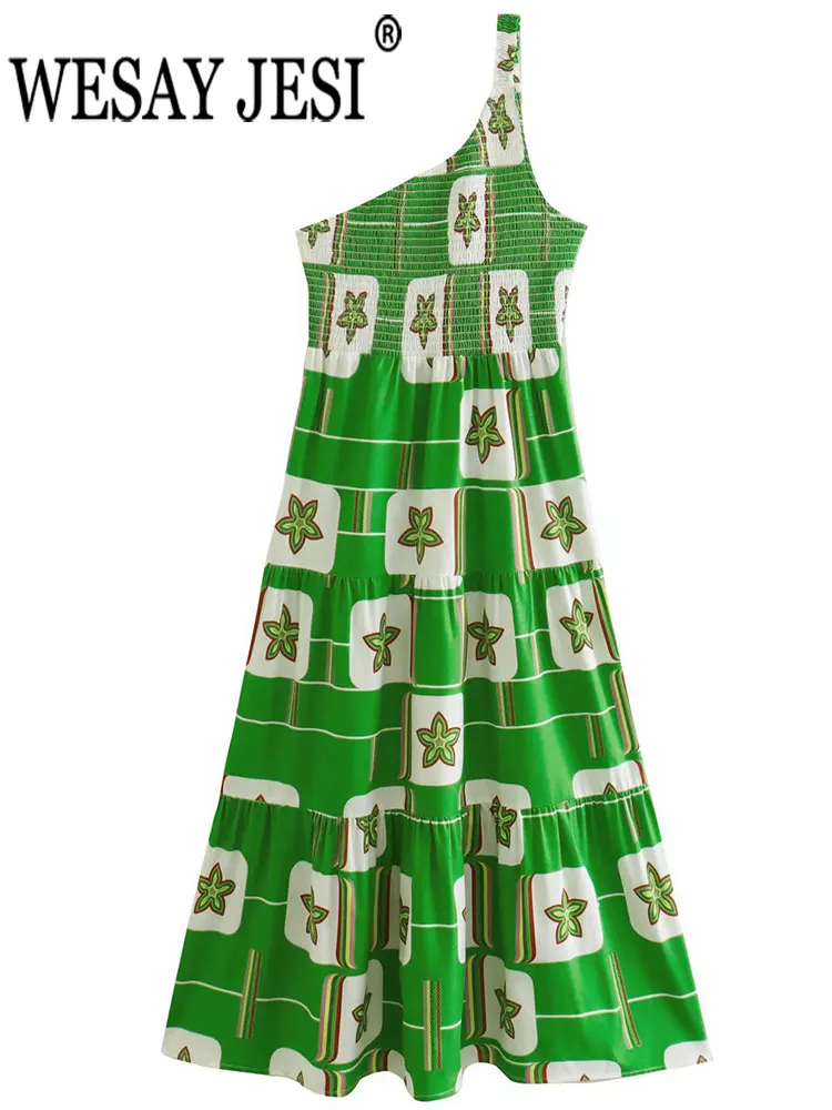 

WESAY JESI Vintage Print Elastic One Side Sling Women's Dress Three Piece Spliced Skirt Rustic Picnic Date Party Ladies Dress