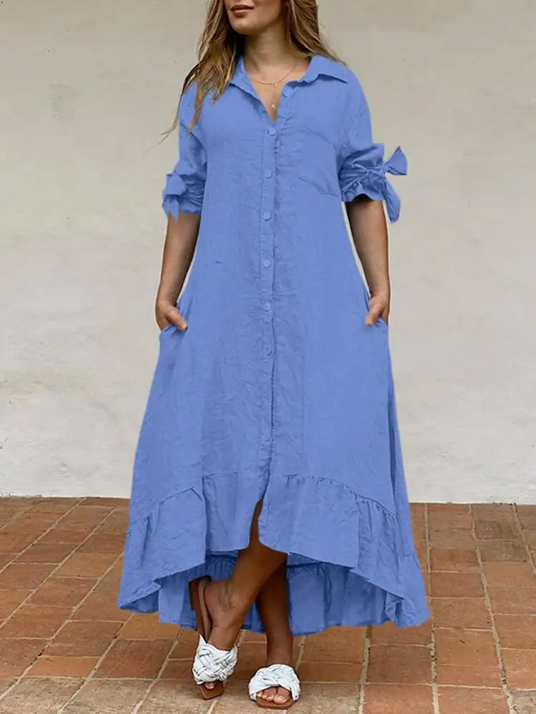 

VONDA Women Party Maxi Dress 2022 Summer Casual Solid 3/4 Sleeve Long Dresses Asymmetrical Casual Ruffled Vestido Beach Sundress