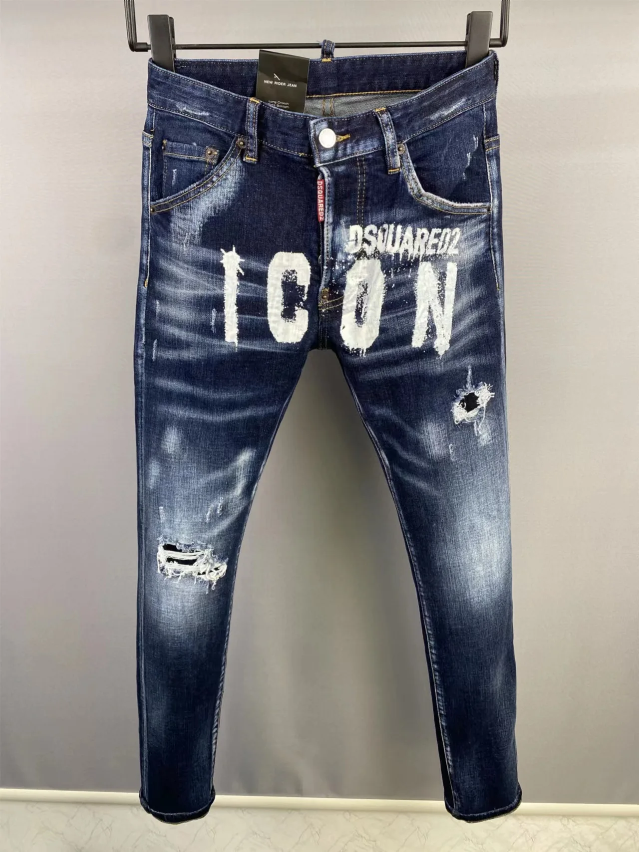 

Men Blue Skinny Jeans Dsquared2 Luxury Italian Brand Printed Denim Jeans Pants New Male Holes Streetwear Stretch Fit Long Jeans