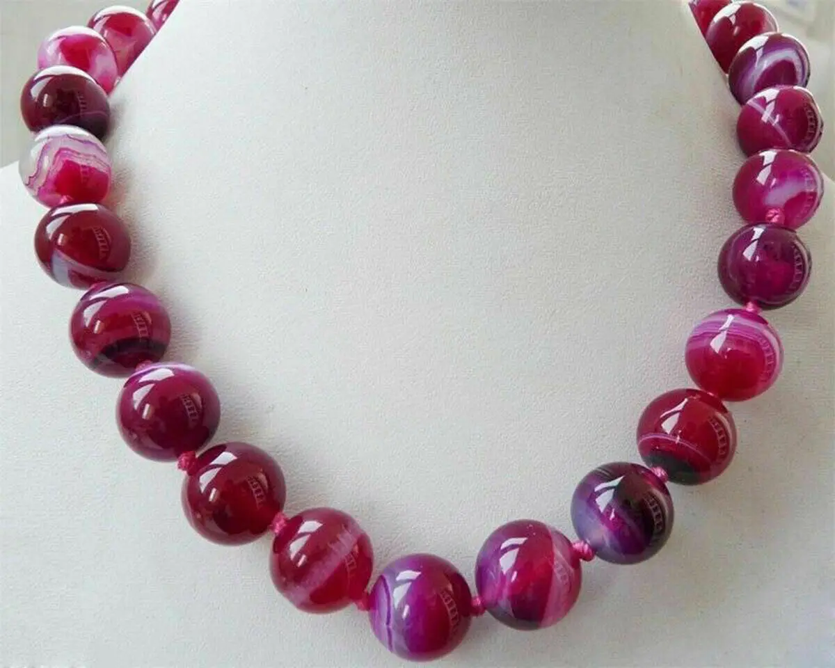 

Huge 12mm Natural Fuchsia Stripe Agate Onyx Gemstone Round Beads Necklace 18"