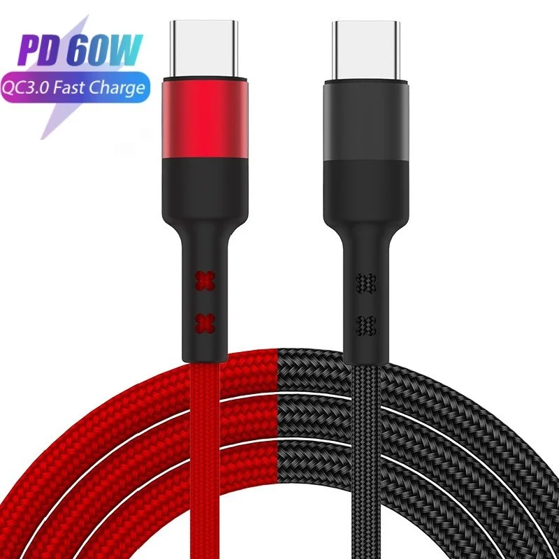 

100pcs/lot 1m 2m 60W 3A Fast Quick Charging Fabric Nylon Alloy Type c to Type c PD USb Cable For Samsung Galay s20 s22 htc lg