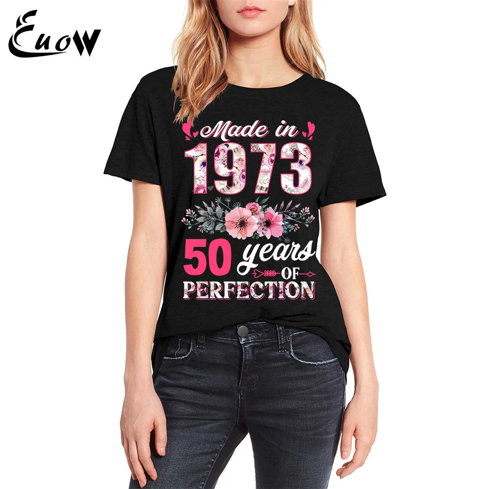 

EUOW Colored Cotton Vintage Made In 1973 Floral 50 Year Old 50th Birthday Gifts Women Casual Flowers Girl Clothing Print T Shirt