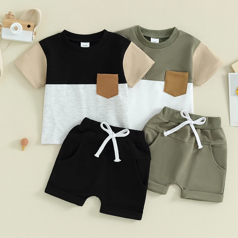 

0-3Y Toddler Kids Infant Boys Summer Clothing Sets Patchwork Color Short Sleeve T-shirts Tops+Drawstring Pocket Shorts Sportwear