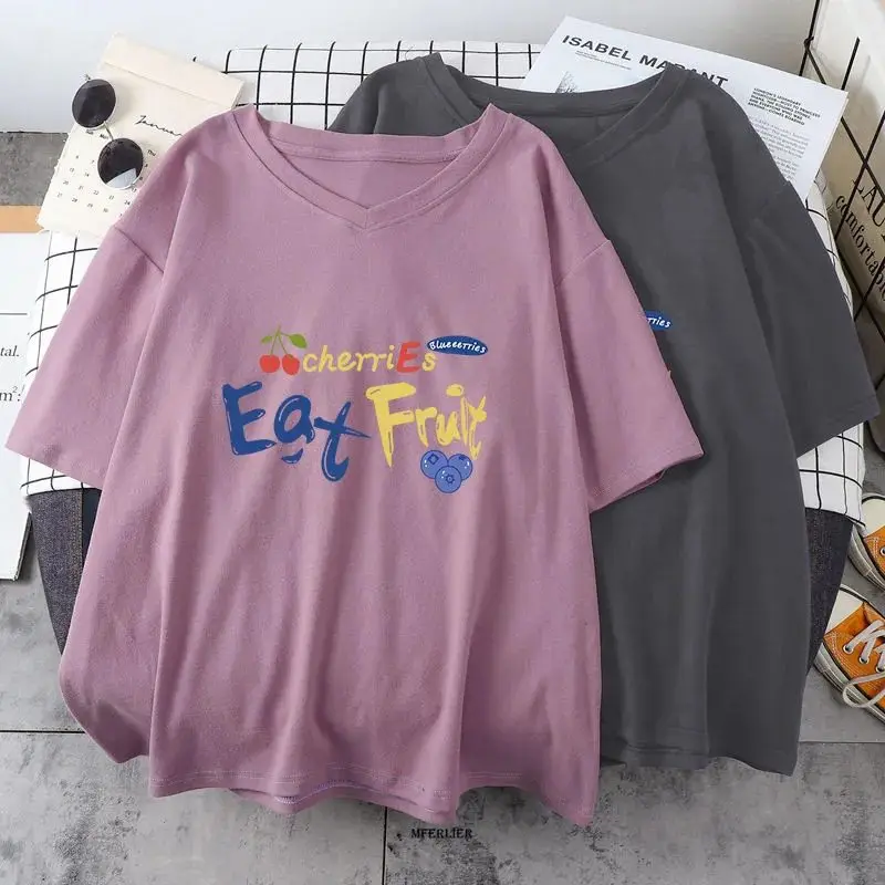 

Large Size 6XL 150kg Summer Women Cotton T-shirt V Neck Short Sleeve Big Tops & Tees Casual Letter T-shirts