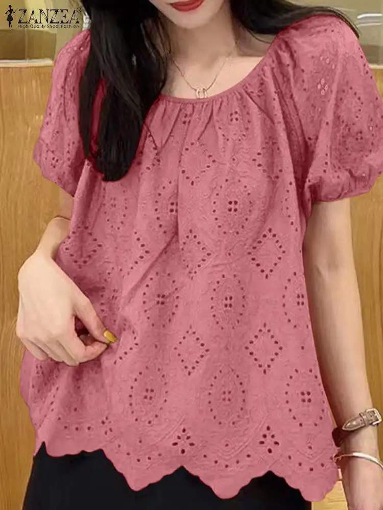 Кружевные лоскутные Блузы ZANZEA с вышивкой Элегантные повседневные топы круглым