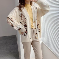 wool sweater womens coat knitted cardigan 2022 spring autumn embroidery womens clothing big v neck fine imitation long sleeved