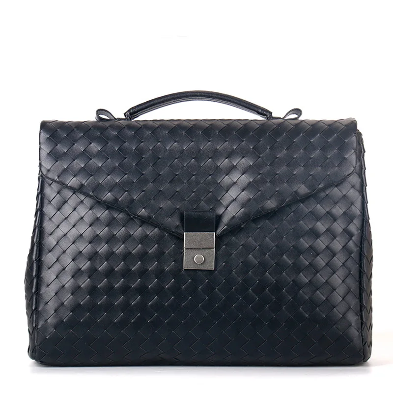 

2023 New Woven Laptop Bags Cow Genuine Leather Men's Briefcase Luxury Brand Weave Male Handbags Messenger 14 Inch Computer Bag