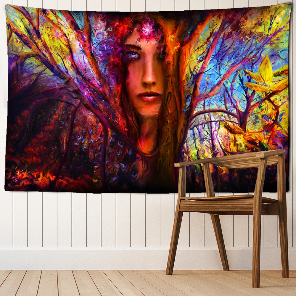 

Nordic Abstract Woman Face Tapestry Wall Hanging Bohemian Hippie Psychedelic Carpet Background Wall Painter Decor