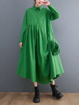 2022 Spring Autumn Green Pleated Floral Shirt Dresses For Women Long Sleeve Loose Casual Vintage Dress Fashion Elegant Clothing 1