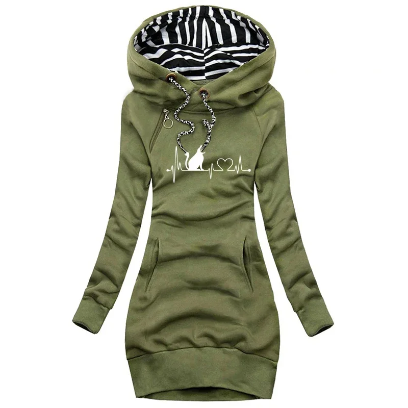 

Knee Length Hooded Dress Women Autumn Warm Long Sweatshirt Cat Print Clothes Casual Slim Fit Sports Hoody Dresses