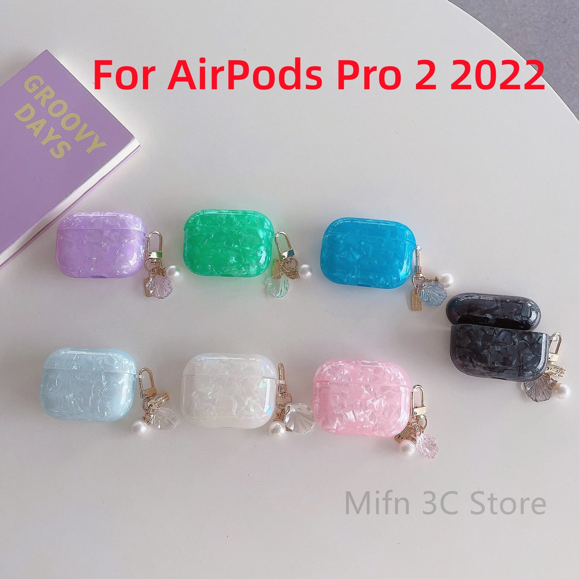 

For AirPods Pro 2 Case Cute Dreamy White Pink Glossy Shell Pattern Earphone Case with pearl chain Luxury shell for Airpod Pro 2