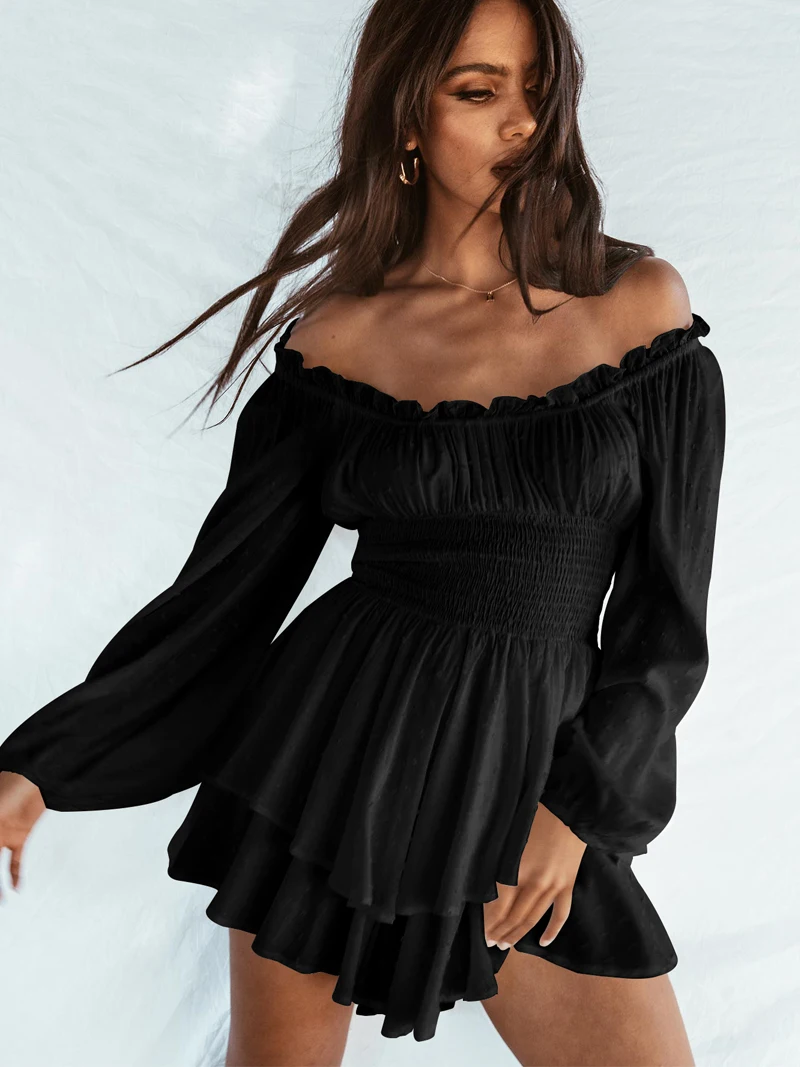 

Женский двухслойный комбинезон с рюшами, черный повседневный комбинезон с длинным рукавом, вырезом лодочкой и высокой талией, 2023