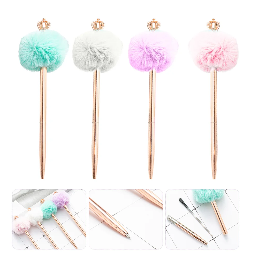 

4 Pcs Crown Hair Ball Pen Student Gifts Ball-Point Plush Balls Pompom Ballpoint Used Kawaii Pens Child Delicate Fountain