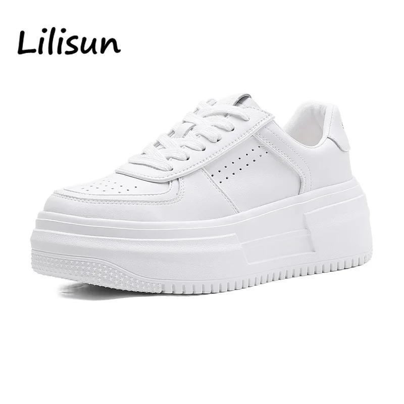 

Chunky Platform Sneakers Genuine Leather White Shoes Thick Bottoms Heighe Increase Flats Shoes Woman Casual Spring Baskets Femme