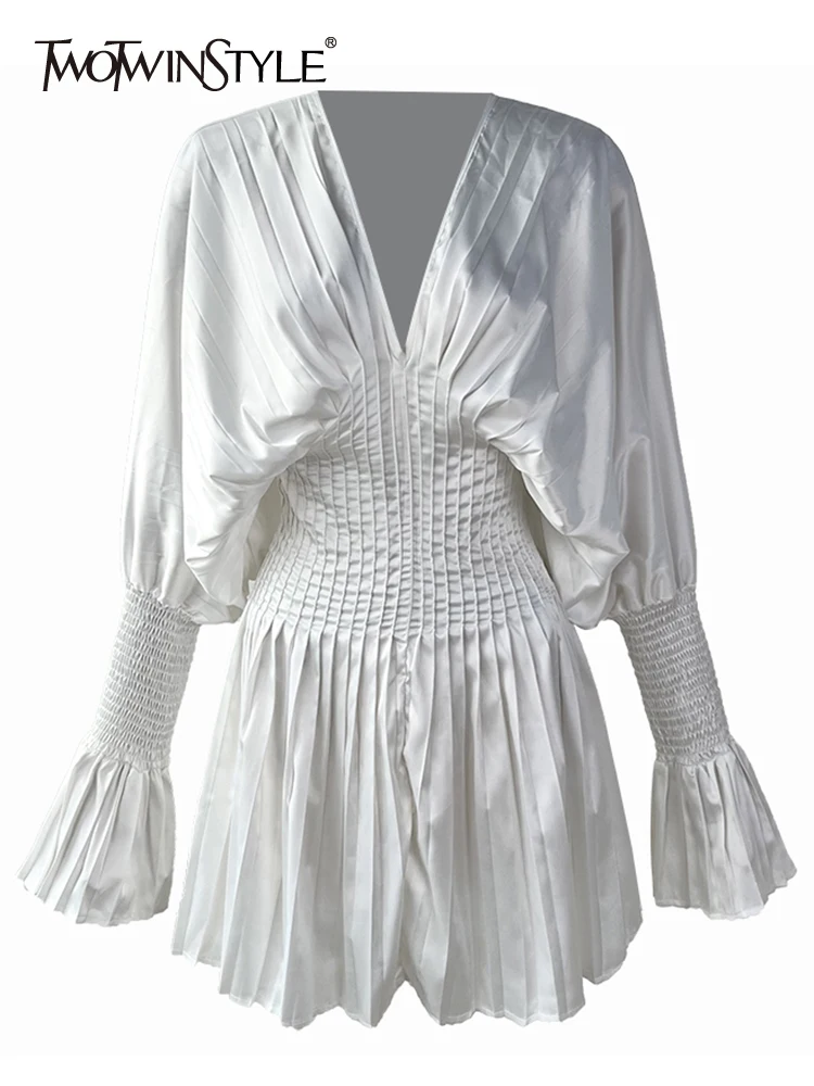 

TWOTWINSTYLE Casual White Dress For Women V Neck Batwing Sleeve High Waist Solid Minimalist Mini Dresses Female Summer Clothing
