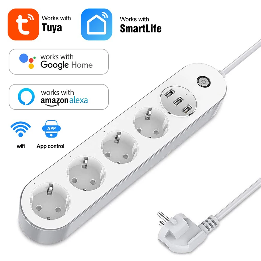

Tuya Inteligented WiFi EU/US Smart Plug Socket Power Strip with 4 Outlets 3 USB Ports Voice works with Alexa Google Home