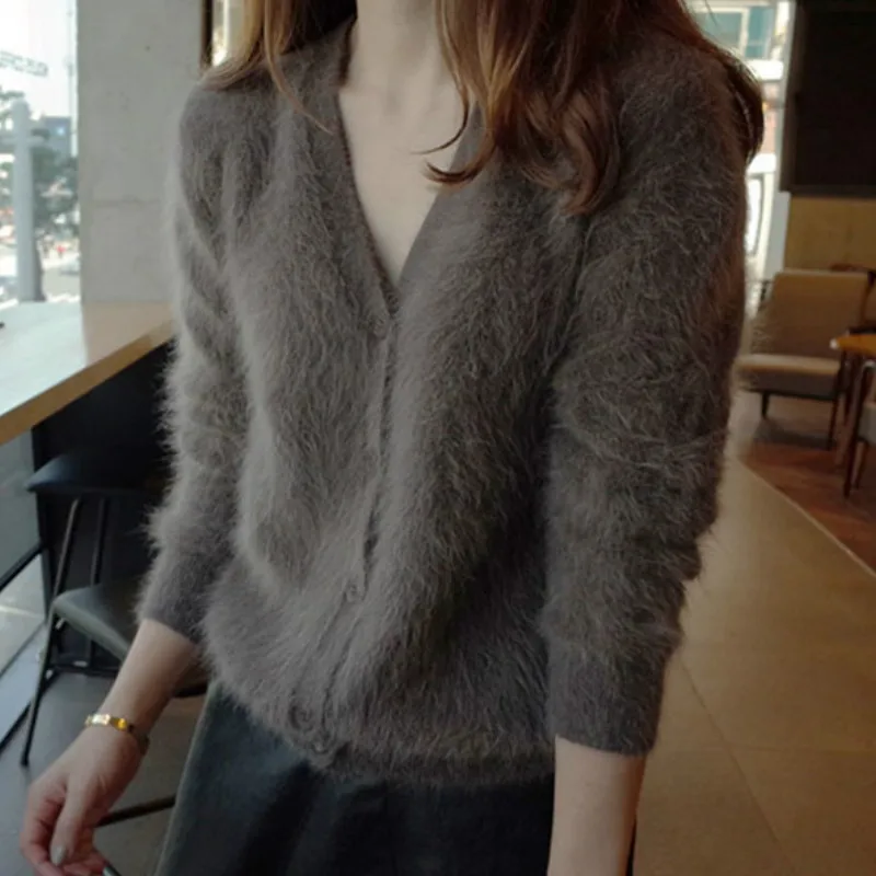 

2023 Women Mink Cashmere Cardigans New Button Sweaters Korean Crop Knitted Coat Woman Tricot Short White Black Sweaters Female