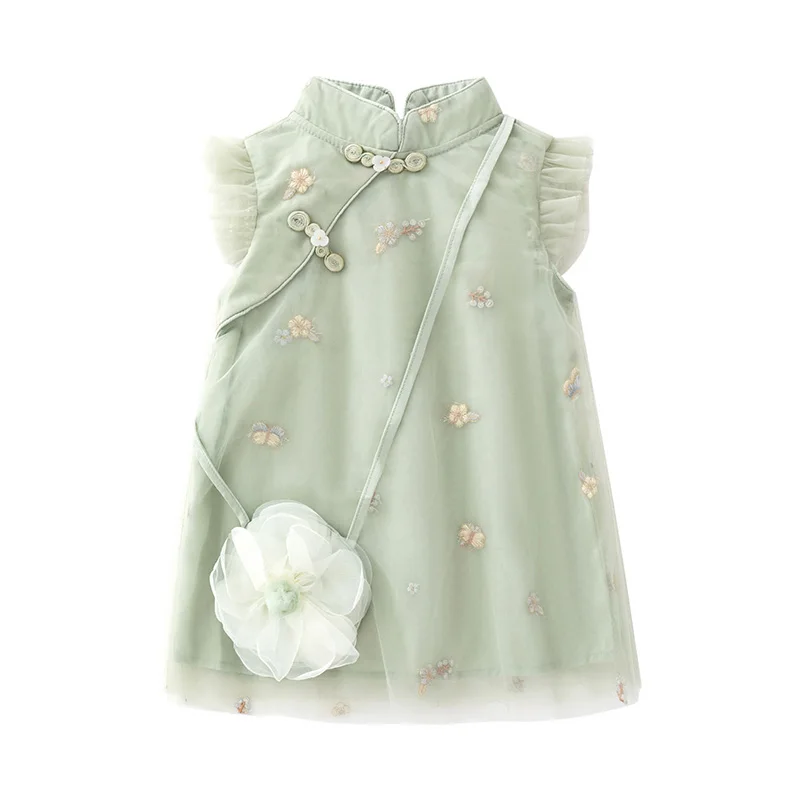 

Summer Children's Clothing Baby Girl Embroidered Cheongsam Kids Sleeveless Mesh Dress Infant Chinese Style Dress Kids Clothes