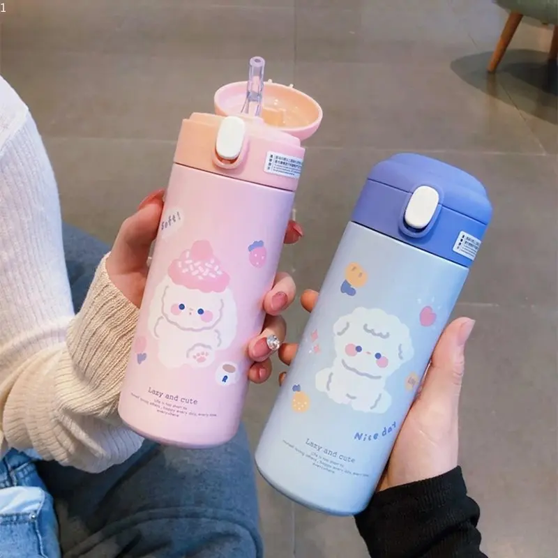 

380ml Stainless Steel Vacuum Insulated Bottle Girl Cute Little Bear Insulation Straw Cup Student Cartoon Bounce Water Cup