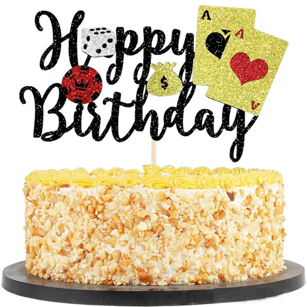 

Casino Happy Birthday Cake Topper Las Vegas Gold Glitter Cake Topper Playing Card Theme Picks for Adults Party Cake Decortion
