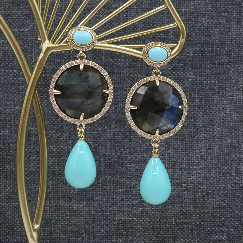 Серьги-капельки AIPIAODEGUAIGUAI из бирюзы лабрадорита и ракушек