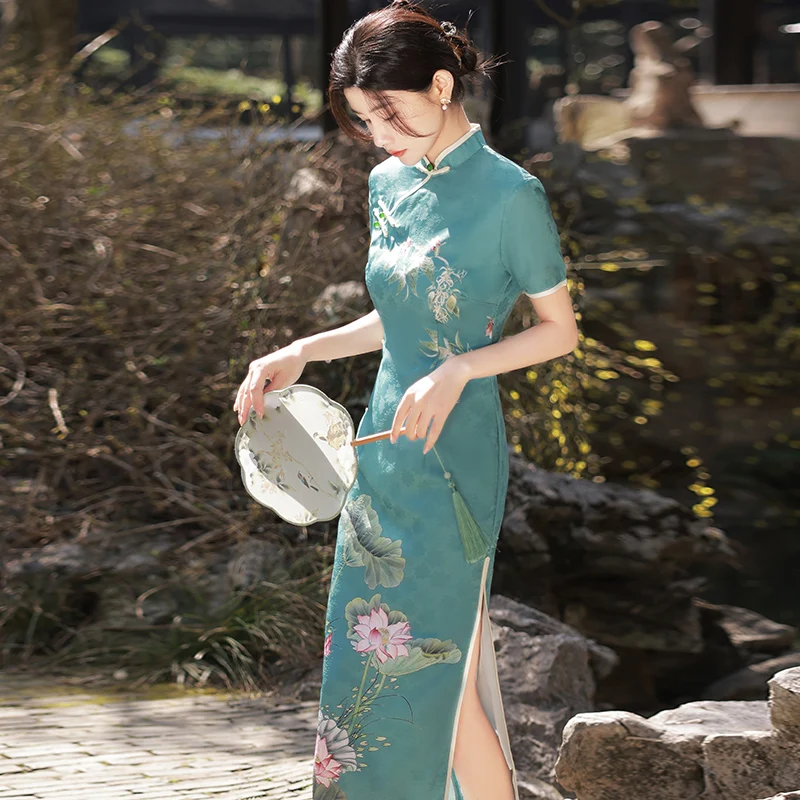 

Improved Cheongsam Vintage Chinese Style Dress Female Summer Long Dress 2022 New Girl Green Elegant Qipao Robe Bouffante