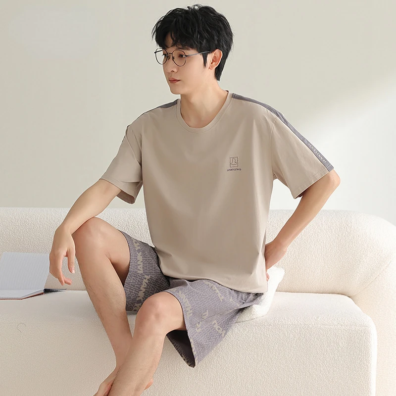 New Summer Pajamas for Men's Thin Cool Feeling Cotton Short-sleeved Shorts Plus Size Casual Home Service Suit with Round Neck