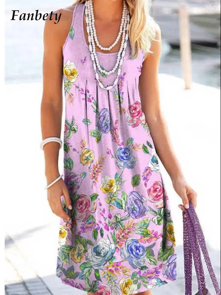 

Женское летнее пляжное мини-платье Харадзюку с круглым вырезом, винтажное праздничное платье с принтом без рукавов, повседневный пуловер, с...