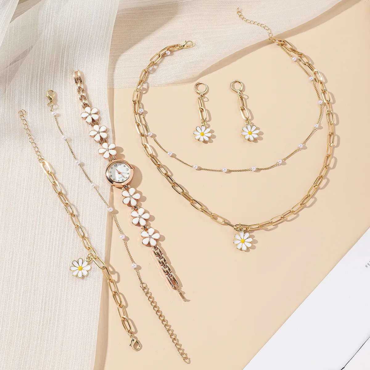 6PCS Set Luxury Watch Women Ring Necklace Earrings Rhinestone Fashion Wristwatch Female Casual Ladies Watches Bracelet S Clock