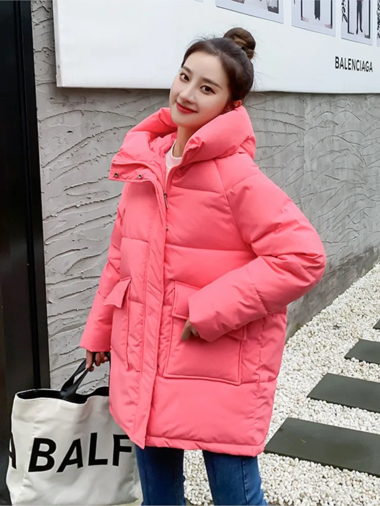 2022 Autumn Winter Thicken Warm Medium Long Chic Parka Women Casual Sweety Solid Big Pocket Loose Hooded Coats Jackets Outwear