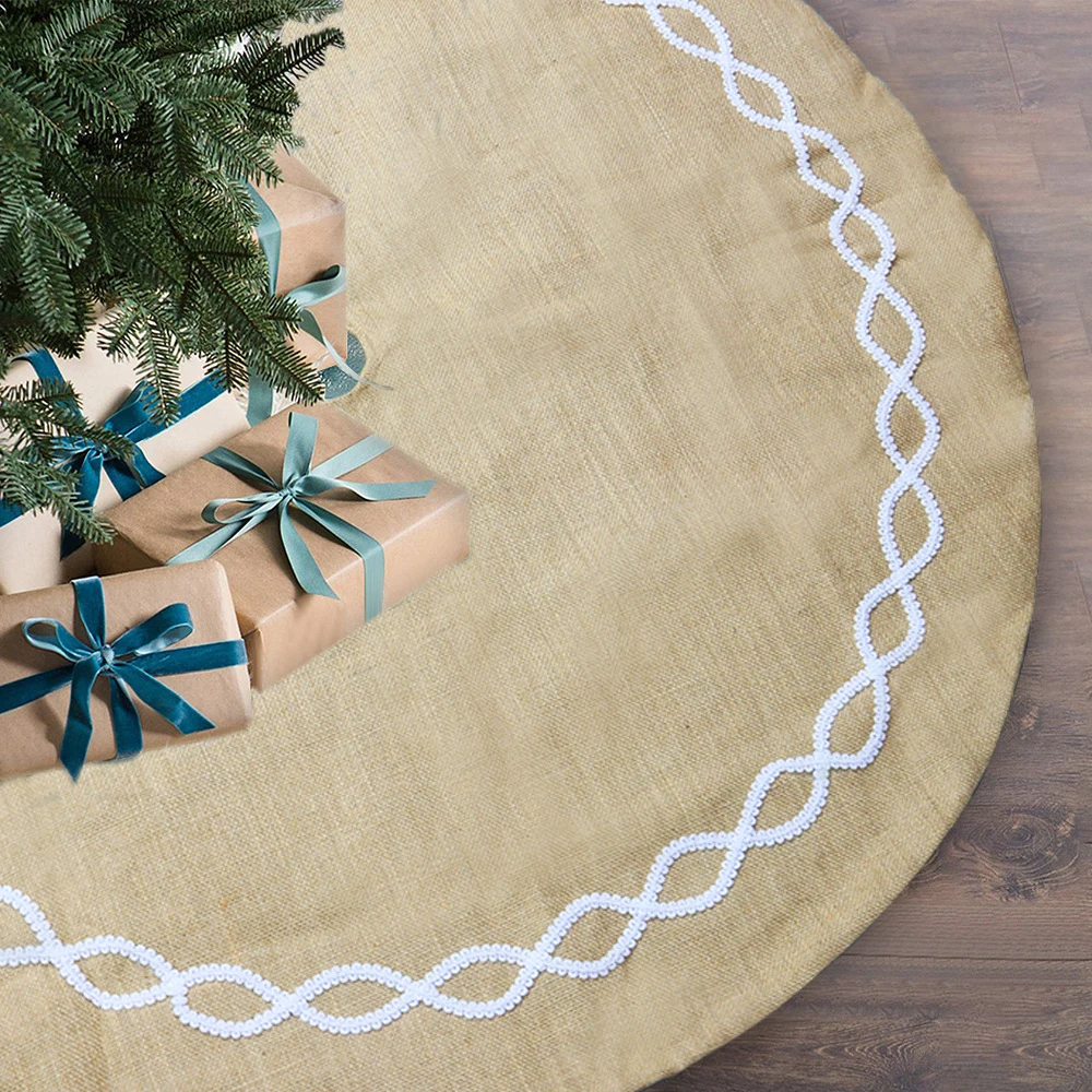 

Christmas Tree Skirt Round Carpet Gift Mat Xmas Decoration Supplies 2023 For Party Home Floor Decor 122cm Embroidery Linen