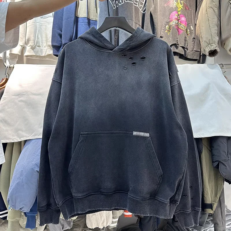 

Винтажная Толстовка с вышивкой прощение с дырками Толстая Хлопковая универсальная черная толстовка