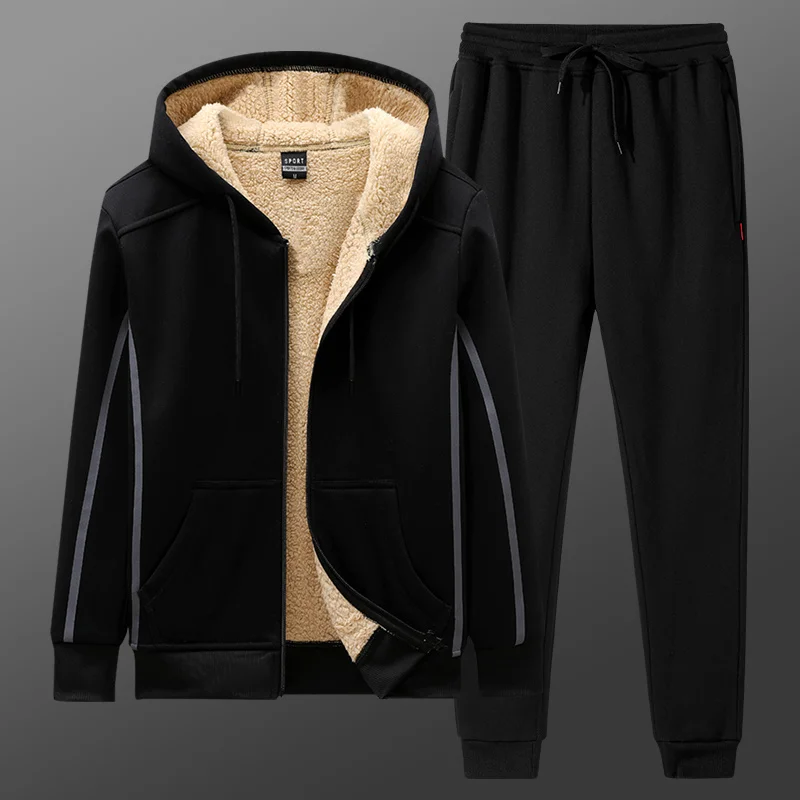 Thick Men Warm Casual Set Jogging 2023 New Velvet Hooded Tracksuit Jacket+Pants 2PC Sets Mens Sportswear Zipper Sports Suit