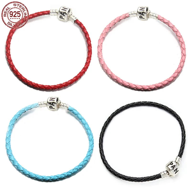 

Classic Leather Snake Bone Chain Bracelet 925 Sterling Silver Fashion Bracelet fits Design Original Charm Beaded DIY Crafting