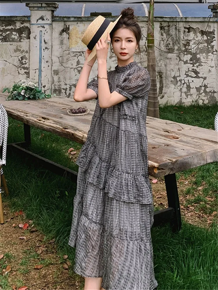 

Vintage Plaid Dress for Women 2022 Summer Splice Ruffles Loose Casual Short Sleeve French Style Elegant Female Long Dresses 2033