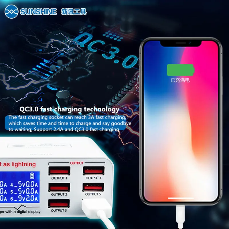 

Умное зарядное устройство USB SUNSHINE, 6 портов, с цифровым ЖК-дисплеем, 2,4 А, QC3.0