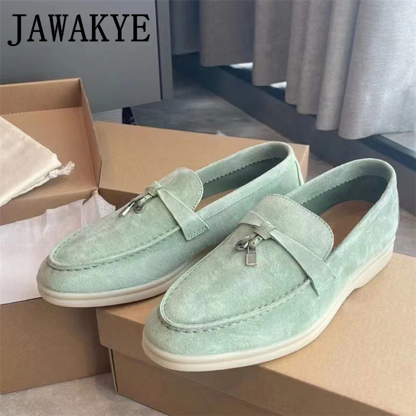

Kid Suede Women's Loafers Round Toe Slip-on Leisure Dress Mules Metal Lock Decor Outdoor Driving Shoes New Arrival Flat Ballets