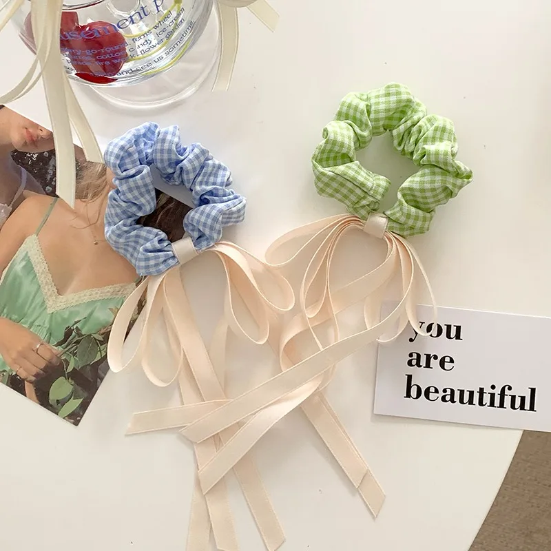 

2023 Sweet Long Ribbon Plaid Scrunchie Women Girls Student Elastic Hair Rubber Band Accessories Tie Hair Rope Headdress Headwear