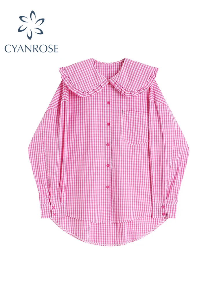 2022 Plaid Shirts Women Blouse Harajuku Summer And Autumn Long Sleeve Button Up  Single Breasted Loose Doll Collar Blue Pink Top