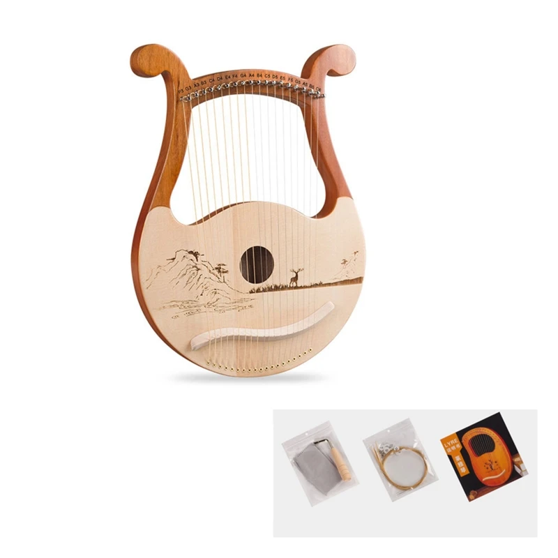 

19 String Lyre Harp Wood Harp Metal String Instrument Saddle Harp Clean Cloth Replacement Metal String Included