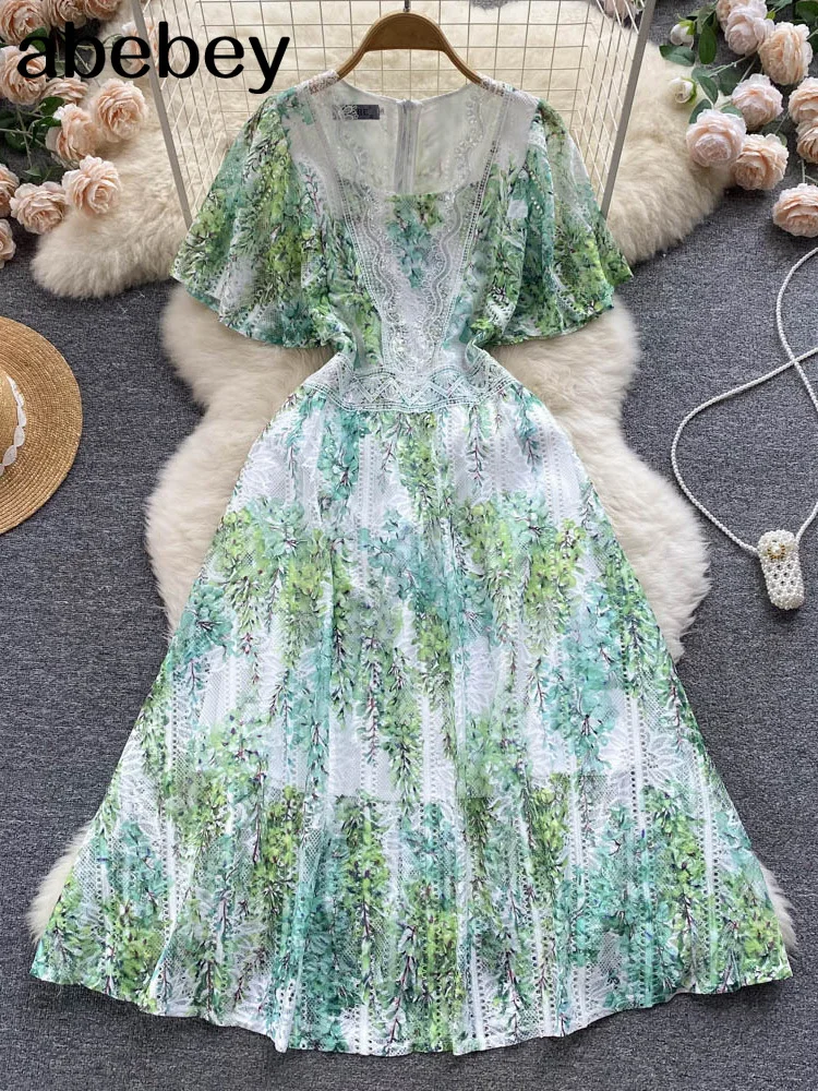 

Summer Women Green Printed Party Maxi Long Dress Bohemian Short Sleeve High Waist Square Collar Robe Female Vestidos New