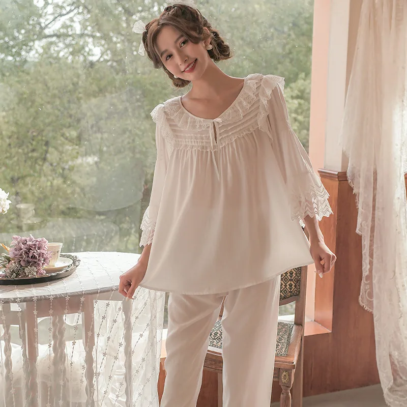 French Court Style Sweet Nightwear Women's Spring Autumn Long Sleeve Princess Fairy Lace Home Clothes 2Pcs Set Girl Sleepwear