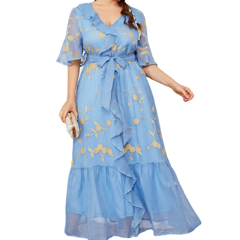 

Women Large Elegant Maxi Dresses Party Evening 2022 Summer Blue Long Ladies Oversized Muslim Festival Clothing L- 4XL