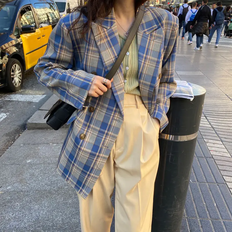 Vintage Loose Women Plaid Blazer 2023 Autumn Chic Double Breasted OL Female Long Sleeve Suit Jackets Blazers Korean Oversized