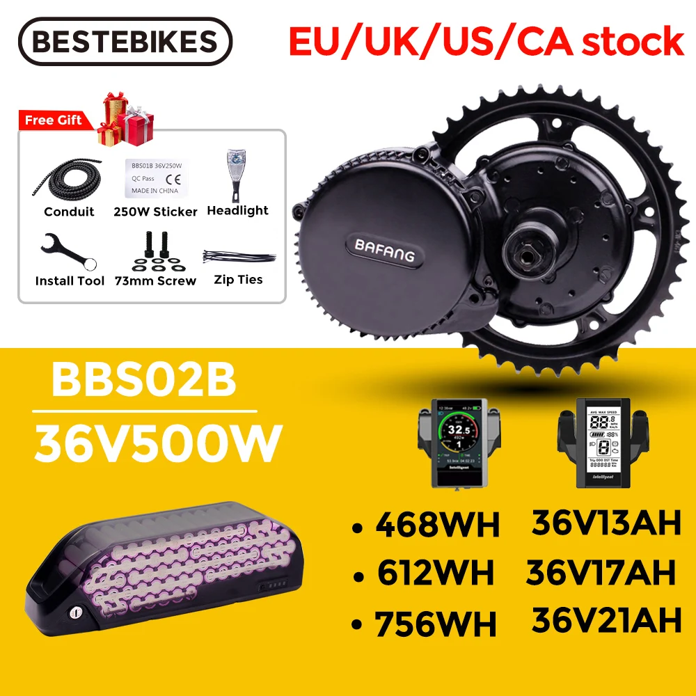 Bafang 500 Вт 36В BBS02B BBS02 мотор среднего привода комплекты электродвигателей для электровелосипедов с 36V21AH 36V17 литиевой батареей