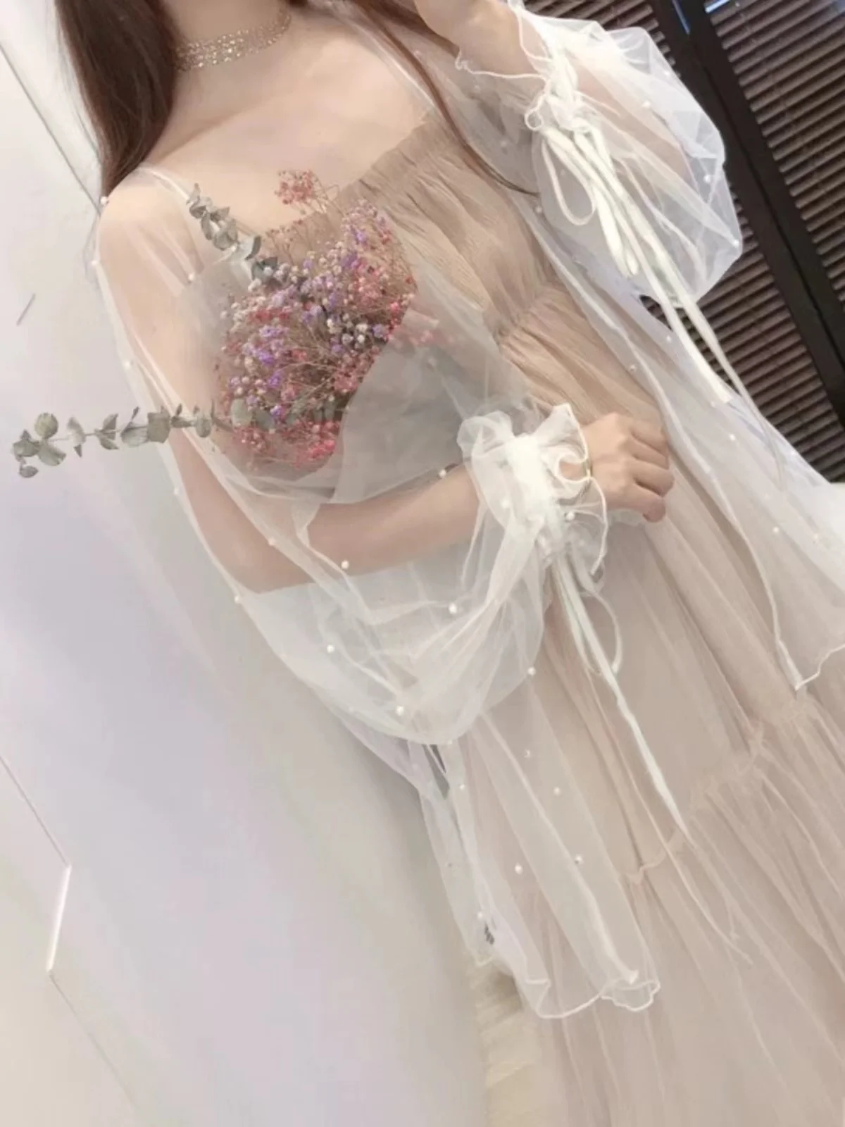 Корейский стиль милое прозрачное сетчатое кимоно с бисером кардиган женские