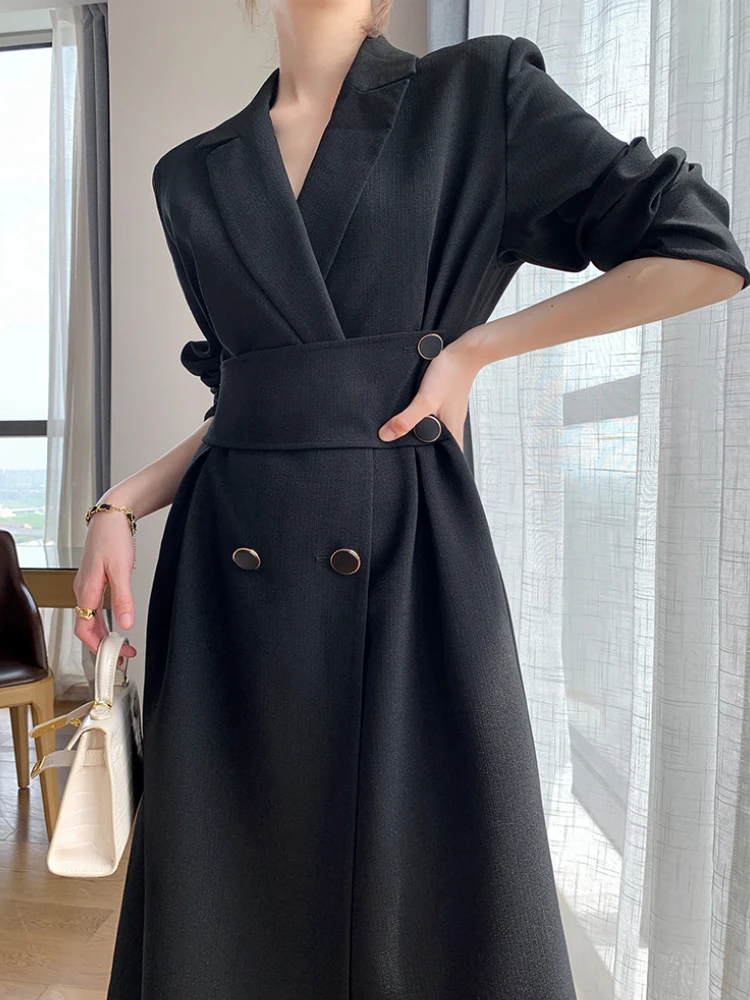 

Women's Spring Autumn Casual Fashion Korean Midi Black Dress Long Sleeve Elegant A-Line Party Vestidos Female Outwear Clothes