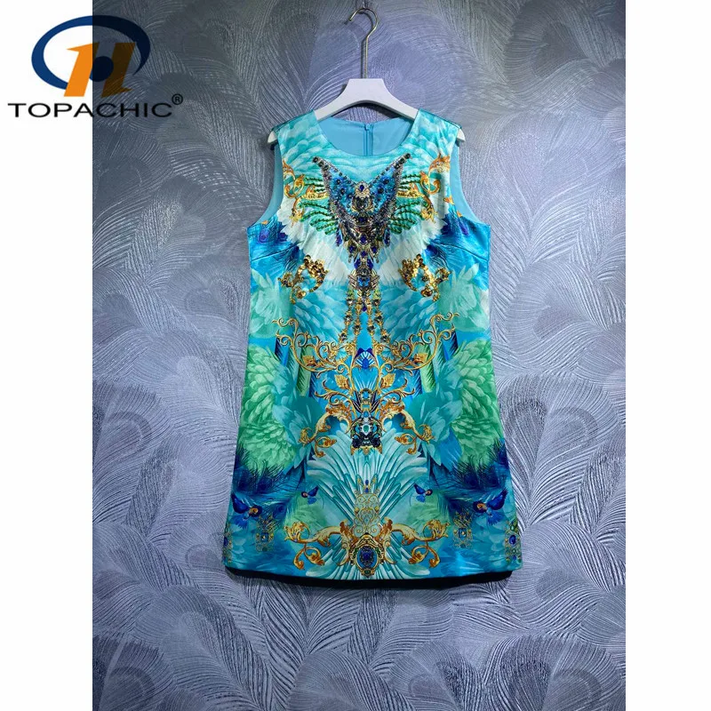 

5.5 Vintage Print Heavy Industry Beading Sequins Diamonds Luxury High End A-Line Loose O-Neck Tank Mini Dress Women