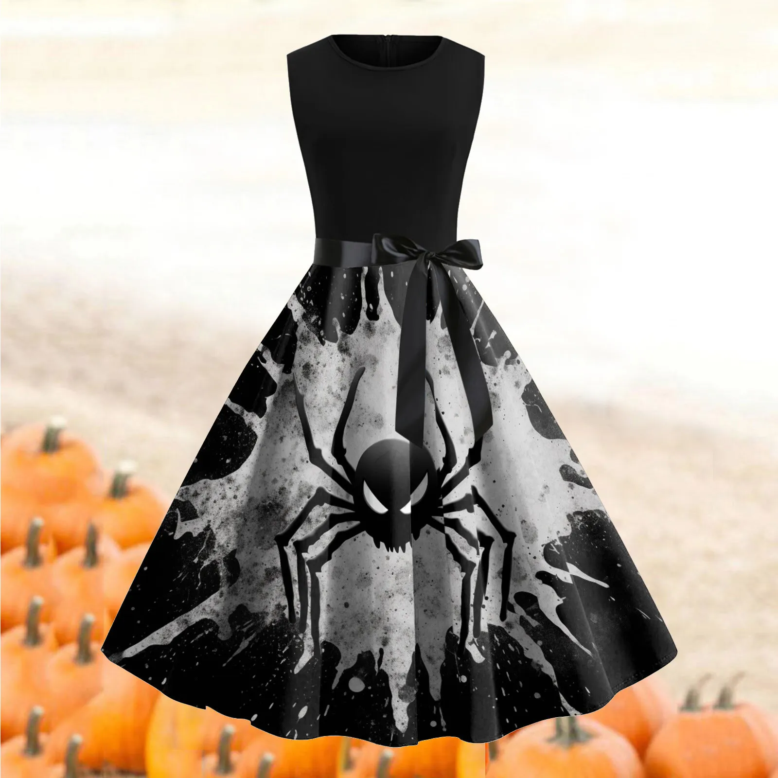 

Womens Halloween Round Neck Sleeveless Print Vintage Swing Dress Cocktail Prom Party Dress Casual Lose Dresses for Women