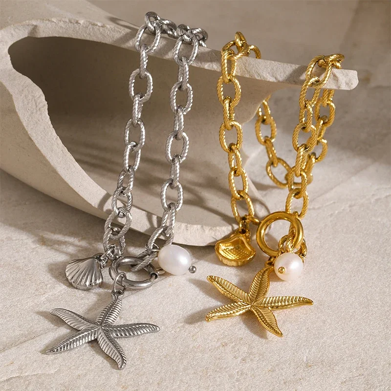 Женский Браслет Из Нержавеющей Стали С Ракушками И Морской Звездой Позолоченный